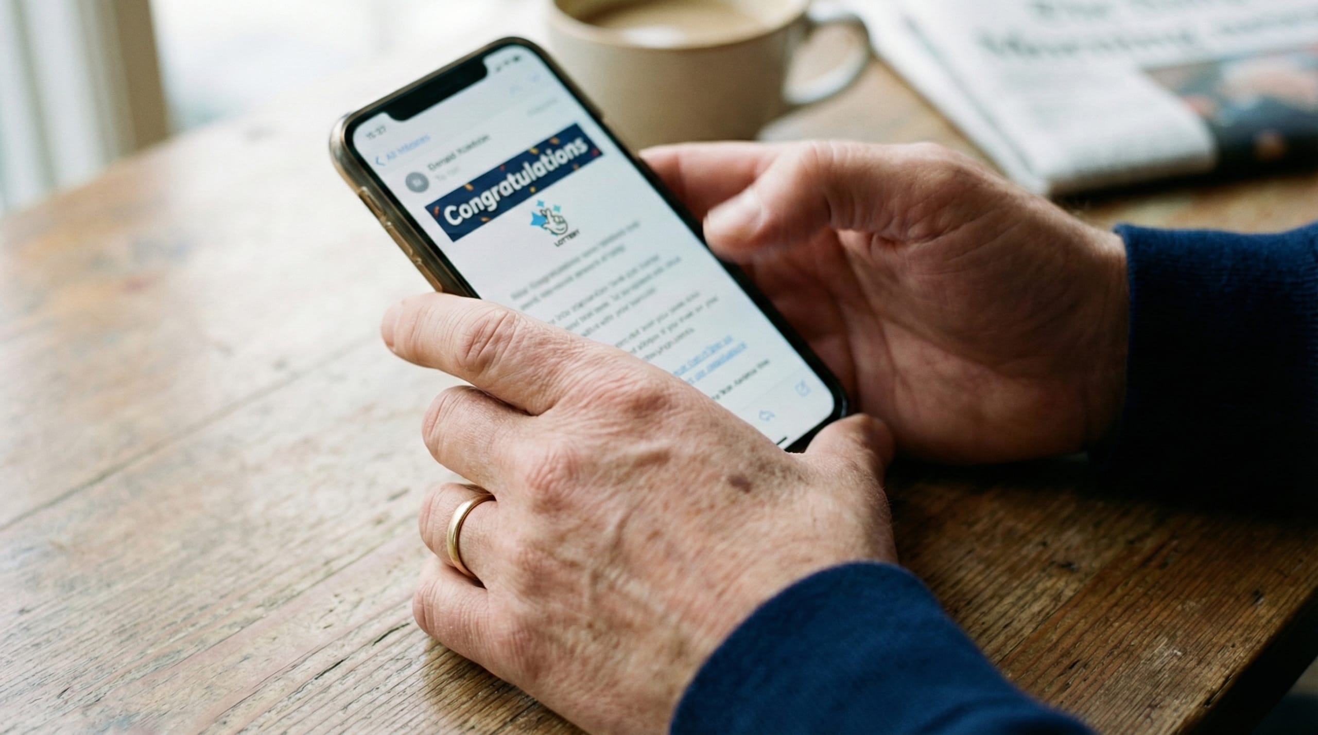 man checking his phone for lottery results